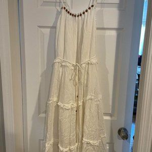 DAYBREAK FRILL TRIM WOODEN BEAD MIDI DRESS WHITE